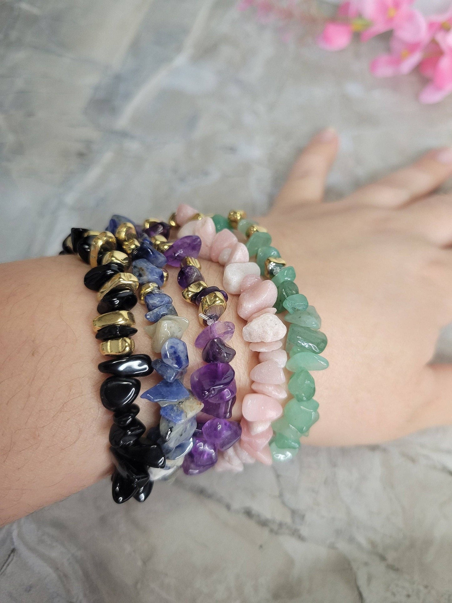 Gemstone stretch bracelets Mixed Gemstones with gold beads