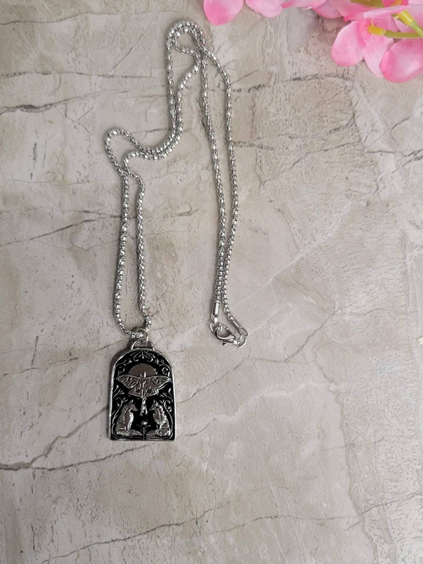 Wolves and Moth Pendant Necklace, Gothic Jewelry, Antique Silver, Nature Lover Necklace