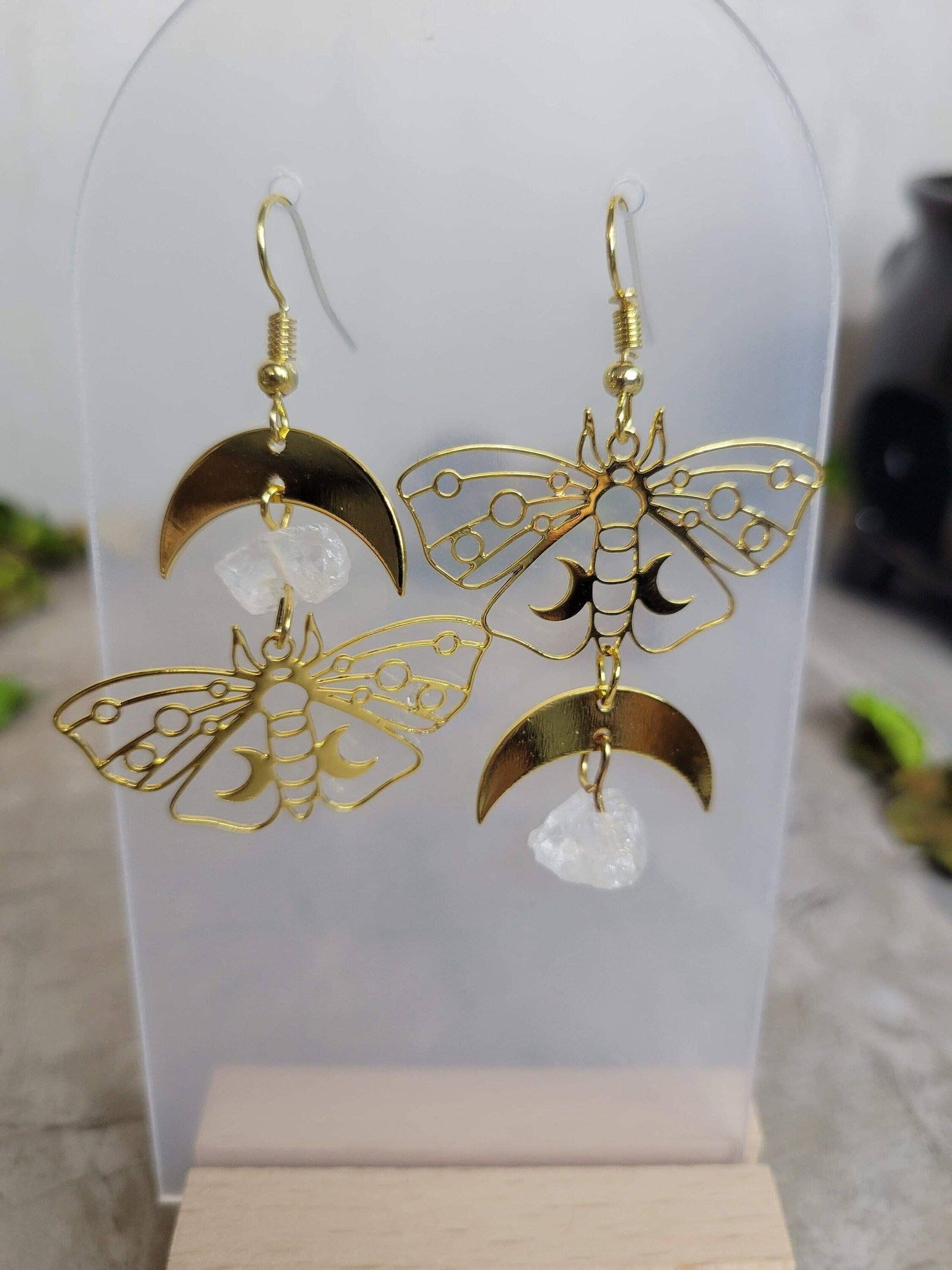Clear Quartz Moon Moth Earrings, Moon Moth earrings, Witch