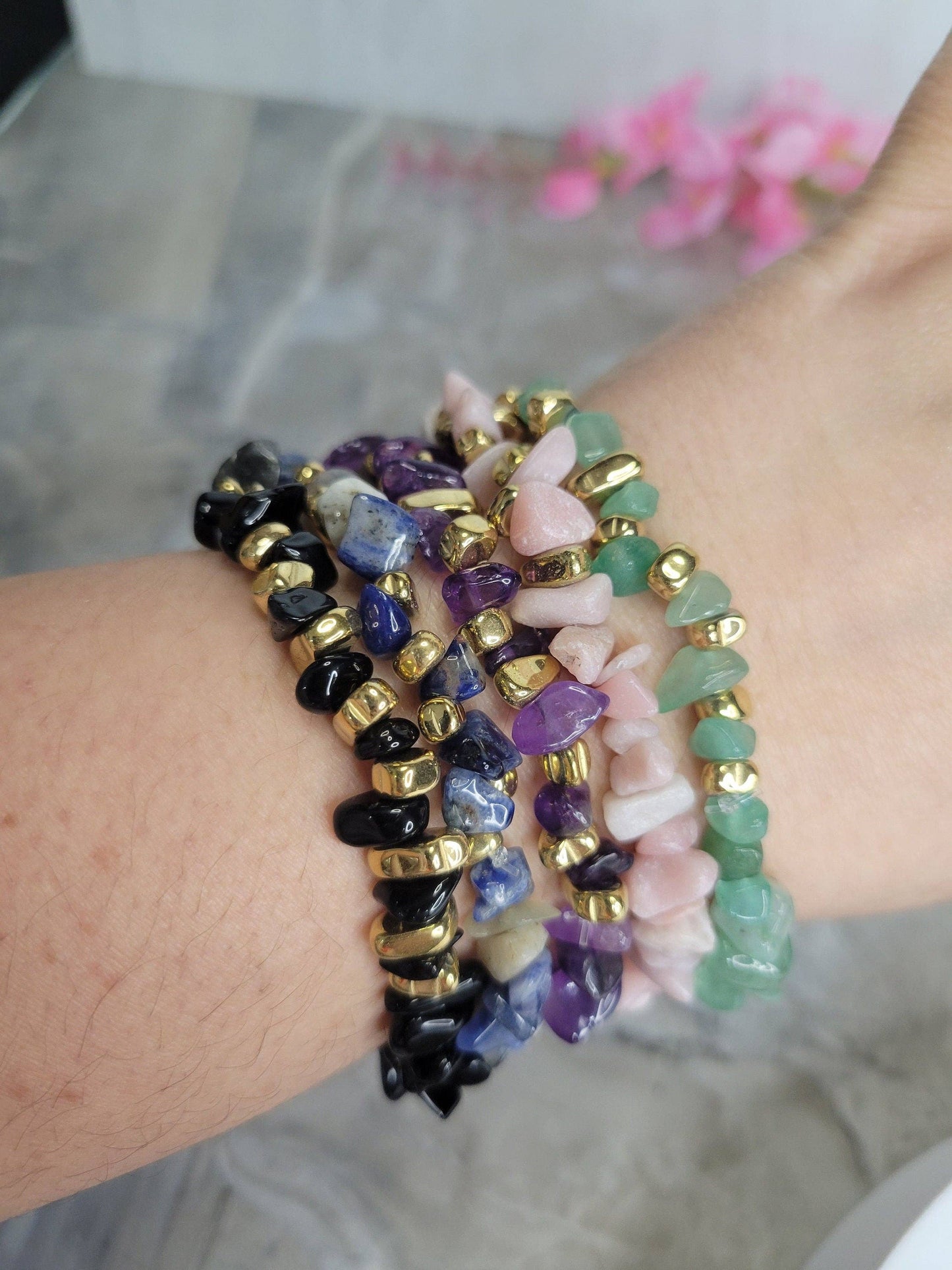 Gemstone stretch bracelets Mixed Gemstones with gold beads