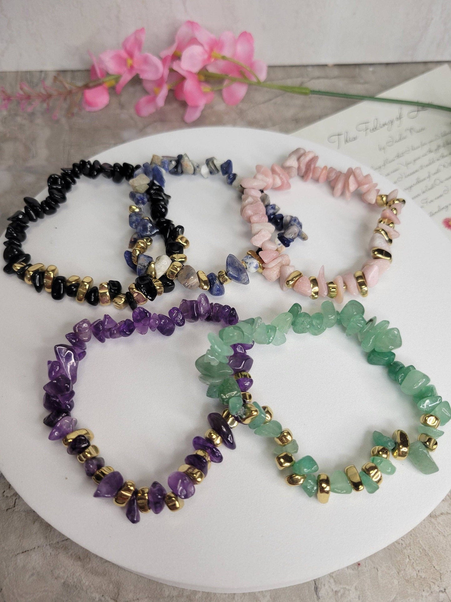 Gemstone stretch bracelets Mixed Gemstones with gold beads