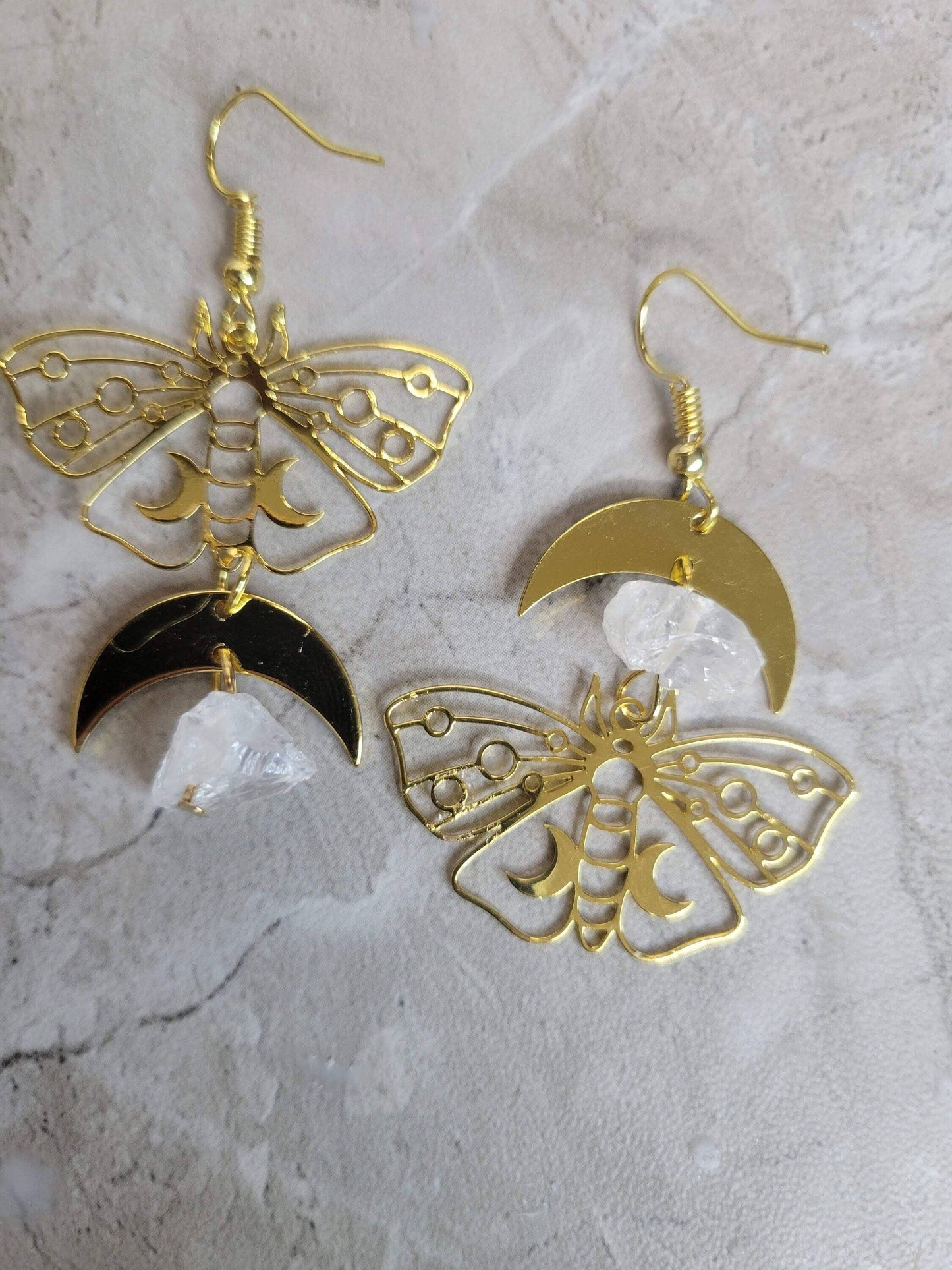 Clear Quartz Moon Moth Earrings, Moon Moth earrings, Witch