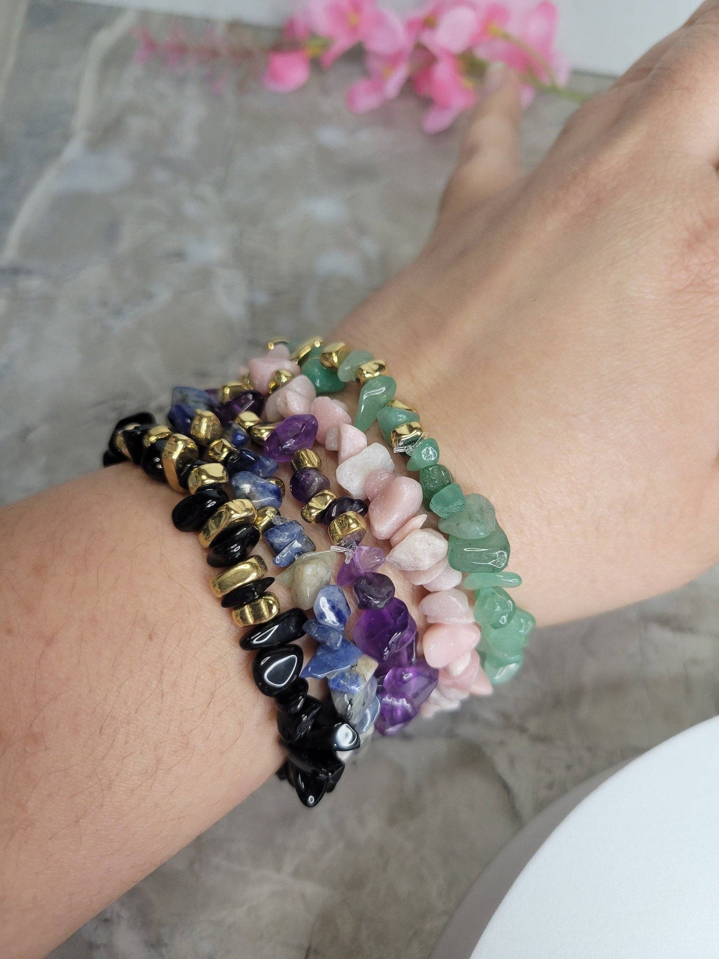 Gemstone stretch bracelets Mixed Gemstones with gold beads