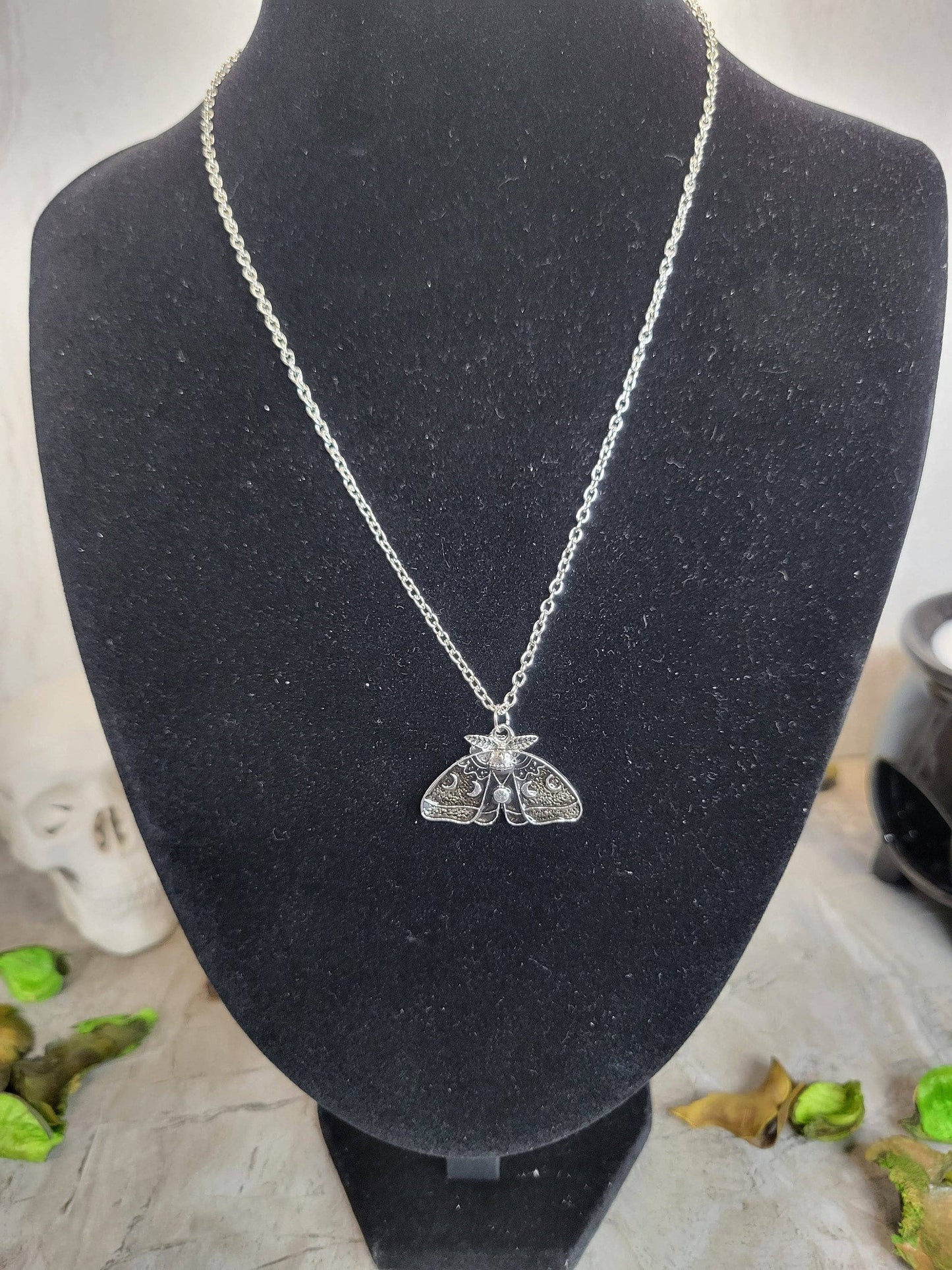 Moon Phase Moth Pendant Necklace, Gothic Jewelry