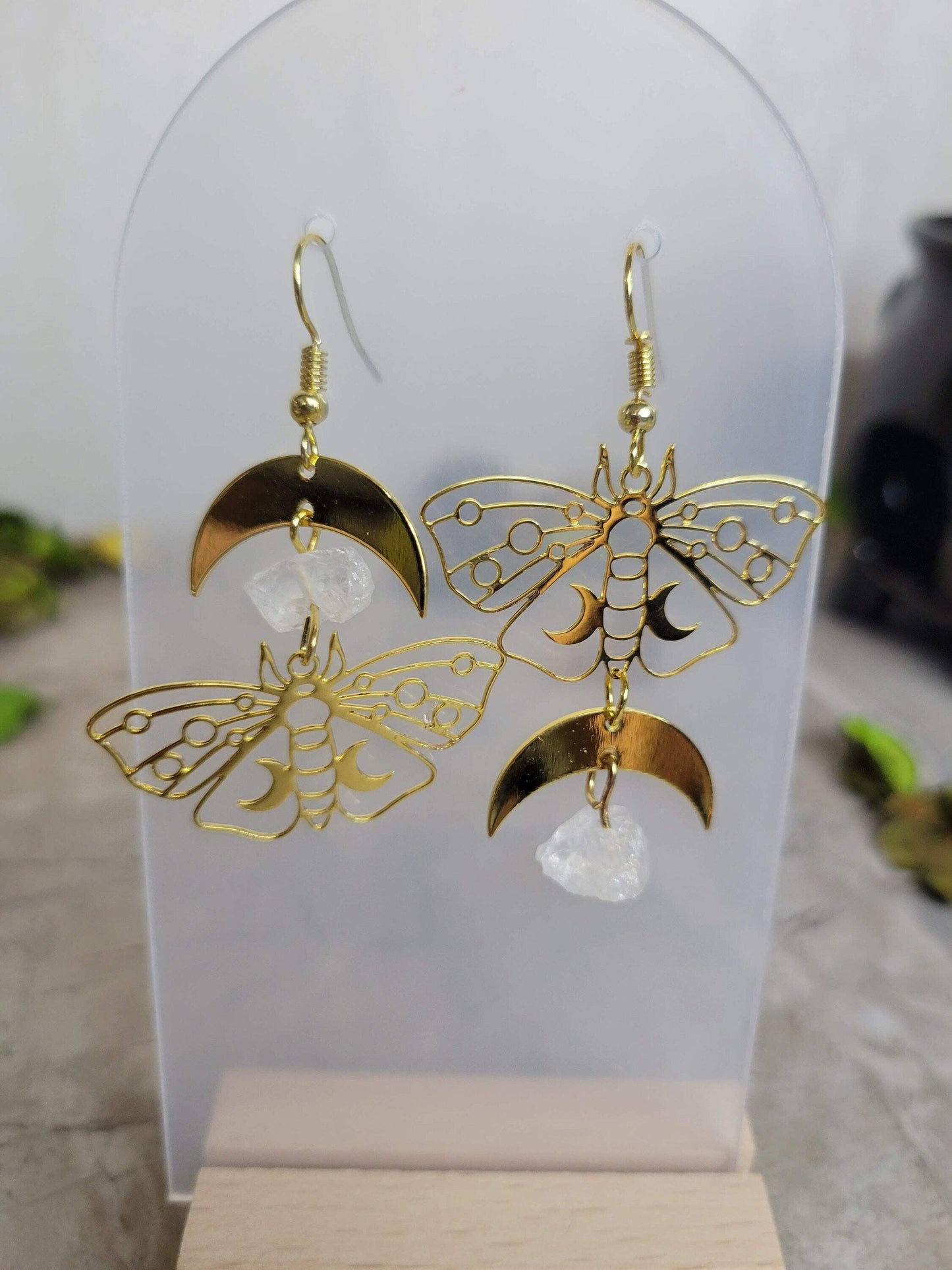 Clear Quartz Moon Moth Earrings, Moon Moth earrings, Witch
