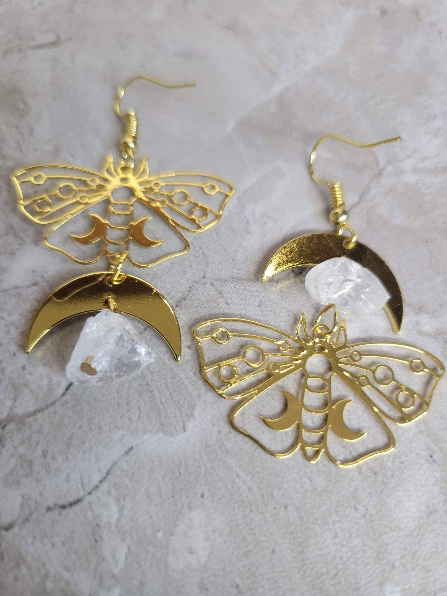 Clear Quartz Moon Moth Earrings, Moon Moth earrings, Witch