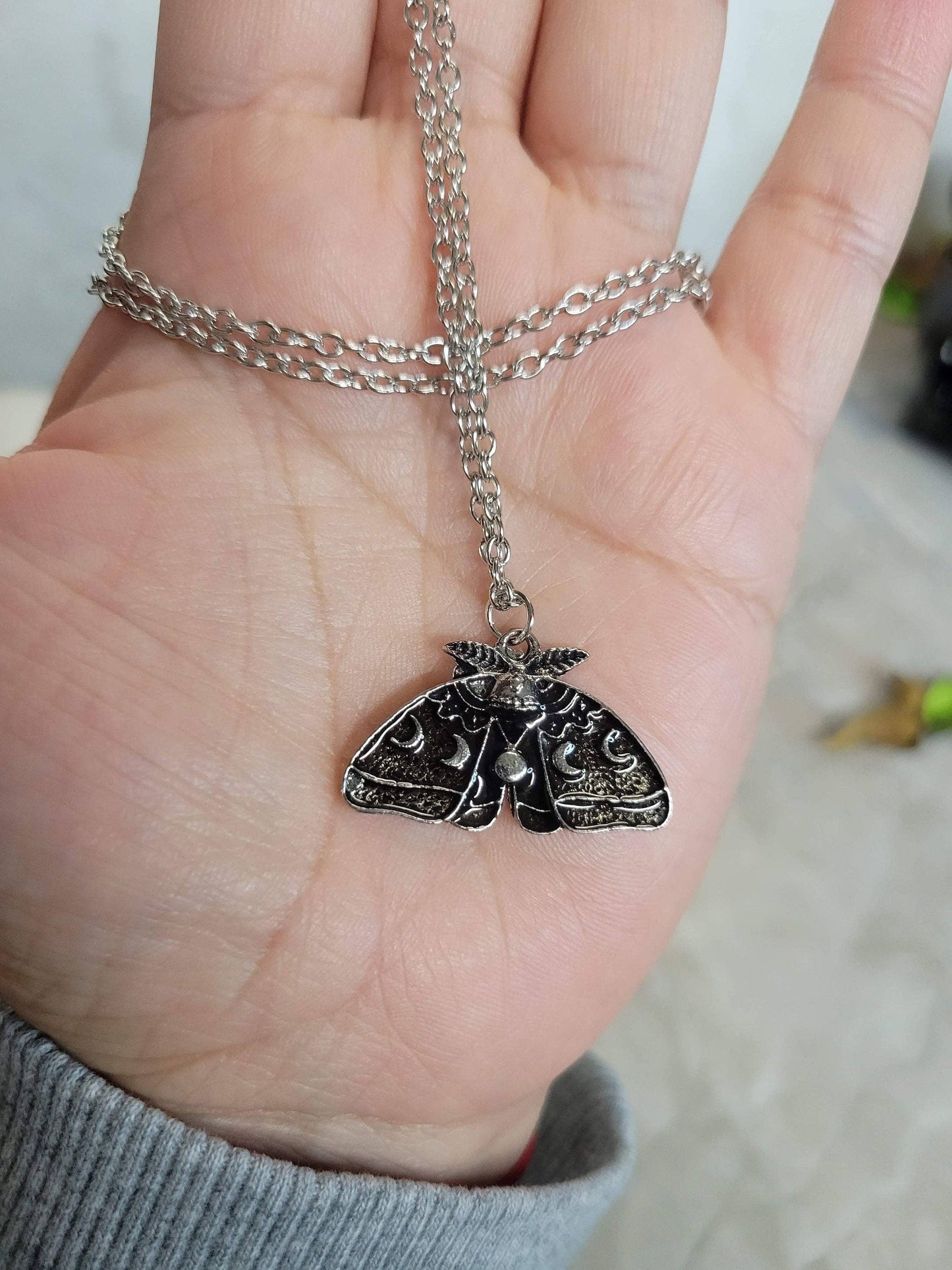 Moon Phase Moth Pendant Necklace, Gothic Jewelry